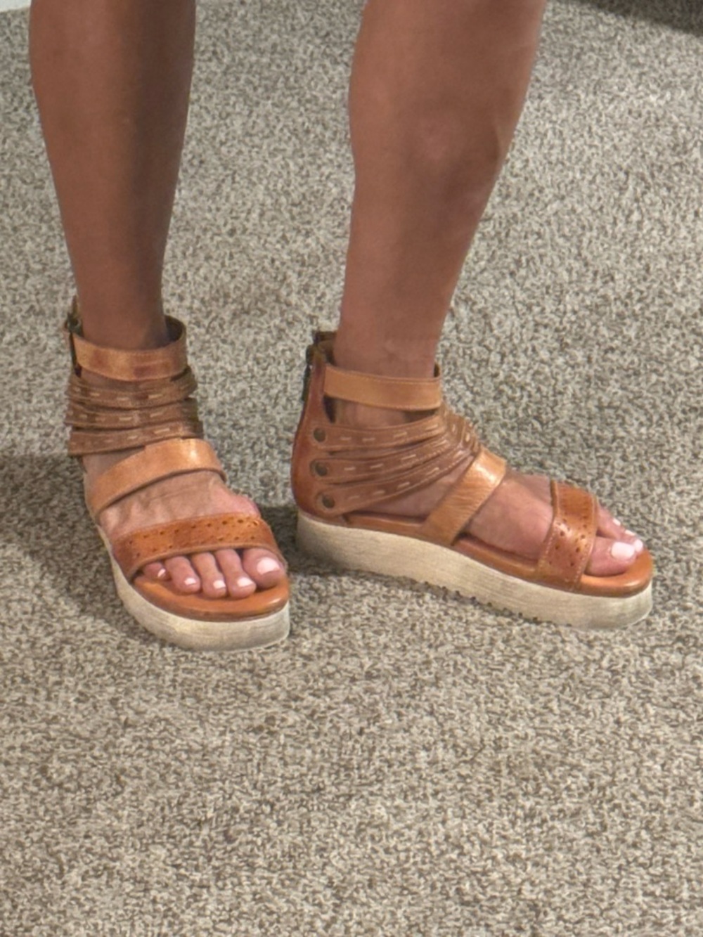 Bed Stu Artemis - Tan Leather Strappy Platform Sandals with Ankle Zip